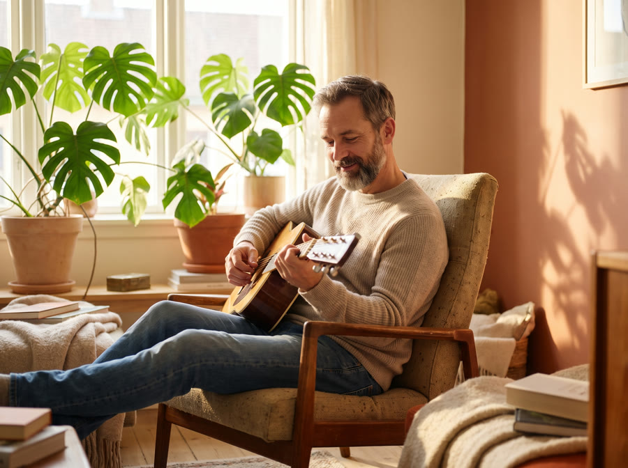 Erwachsener lernt entspannt Gitarre im sonnigen Wohnzimmer