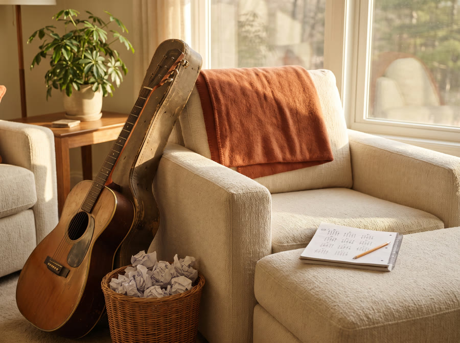 Gitarre neben Papierkorb mit zerknüllten Notenblättern