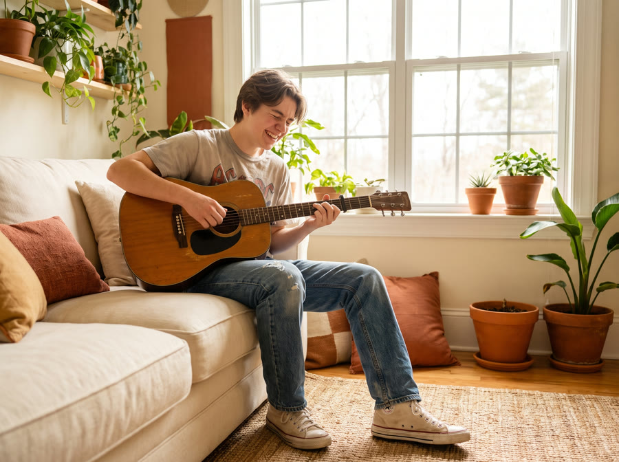 Teenager spielt Riffs auf der Akustikgitarre